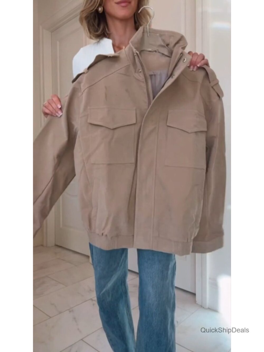 Faux Suede Bomber Jacket Vintage High Collar Zip Up Oversized Coat - Picture 5 of 6